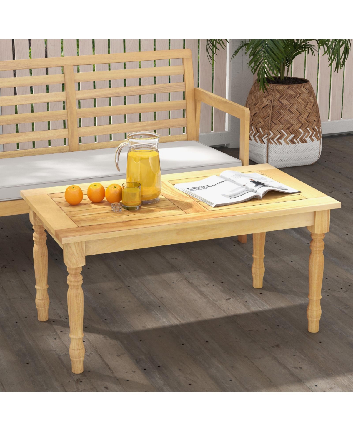 Mecale 35.5 in Teak Coffee Table with Carved Turned Legs