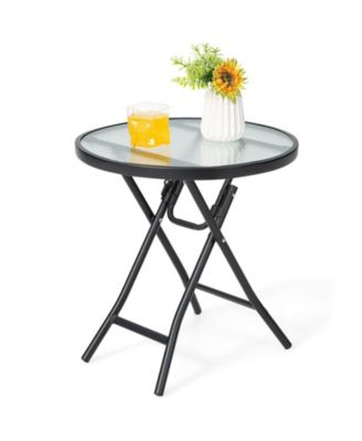 18 in Round Folding Patio Side Table with Tempered Glass Top