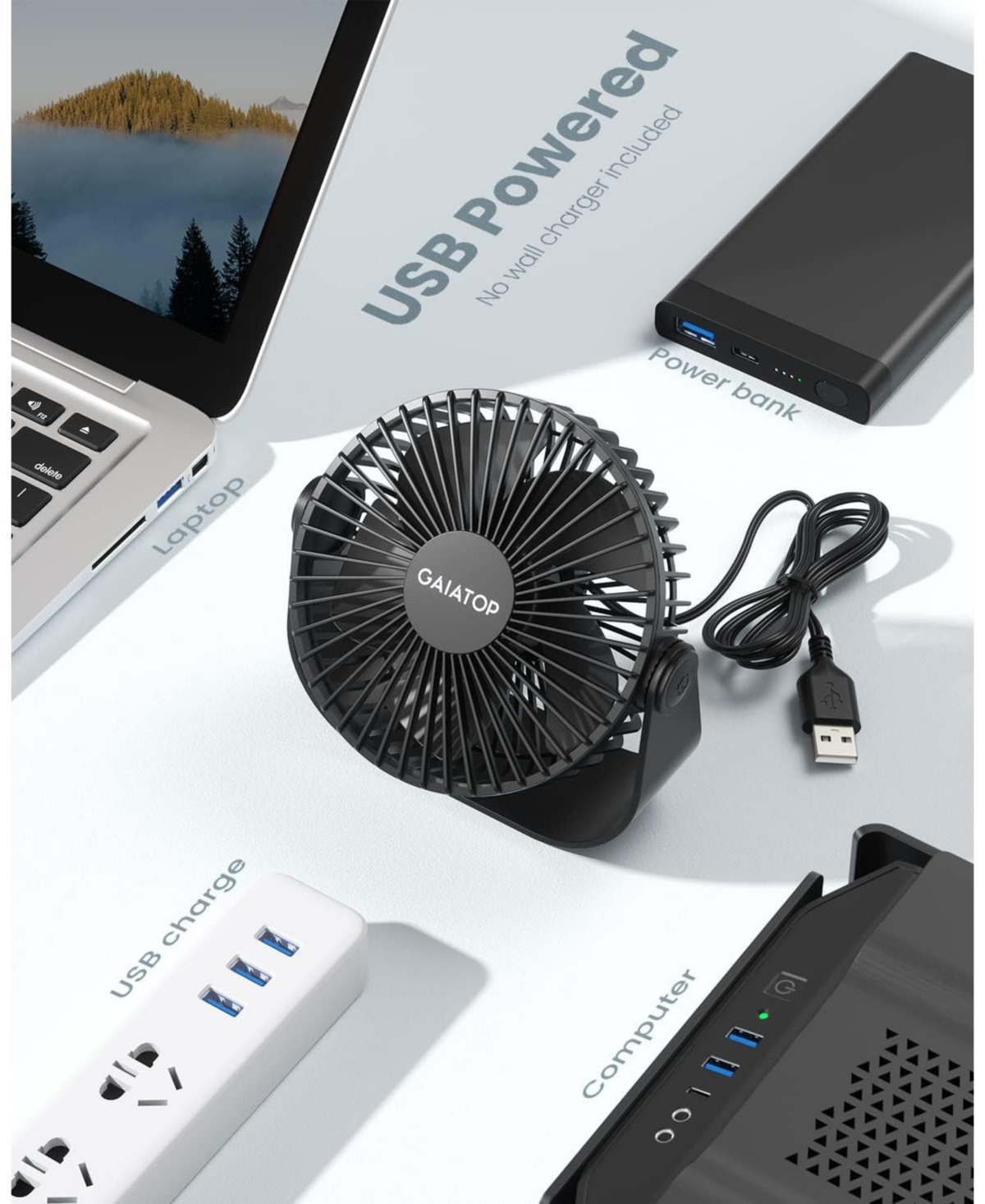 Gaiatop Usb Desk Fan, 3 Speeds Strong Airflow, 5.5 Inch Portable 90degree(s) Rotate Quiet Cooling, Small Personal Table Fans for Bedroom Home Office