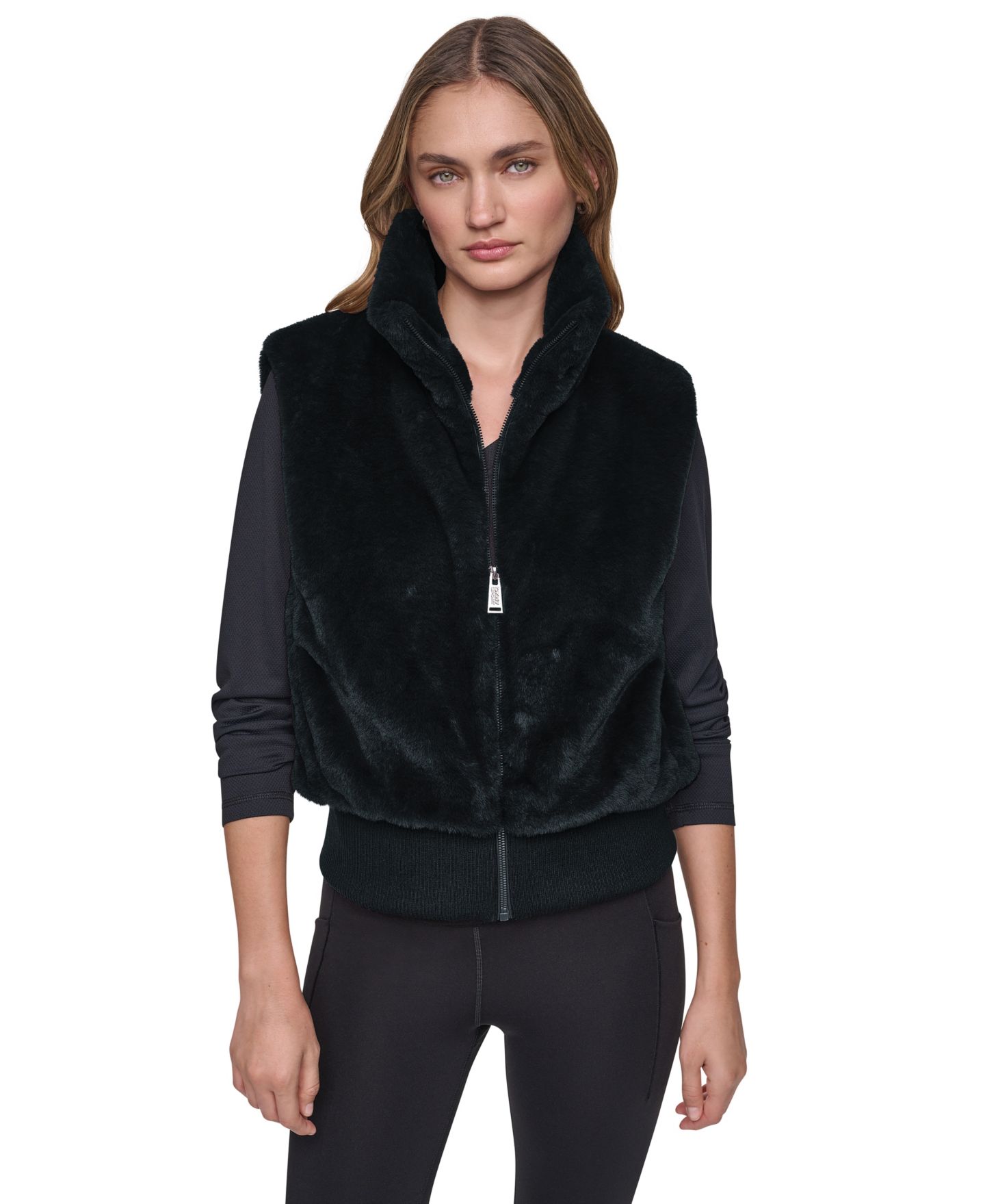 Женский жилет DKNY Sport Mock-Neck Ribbed-Knit Hem Faux Fur Vest, цвет: Чёрный — фото 1