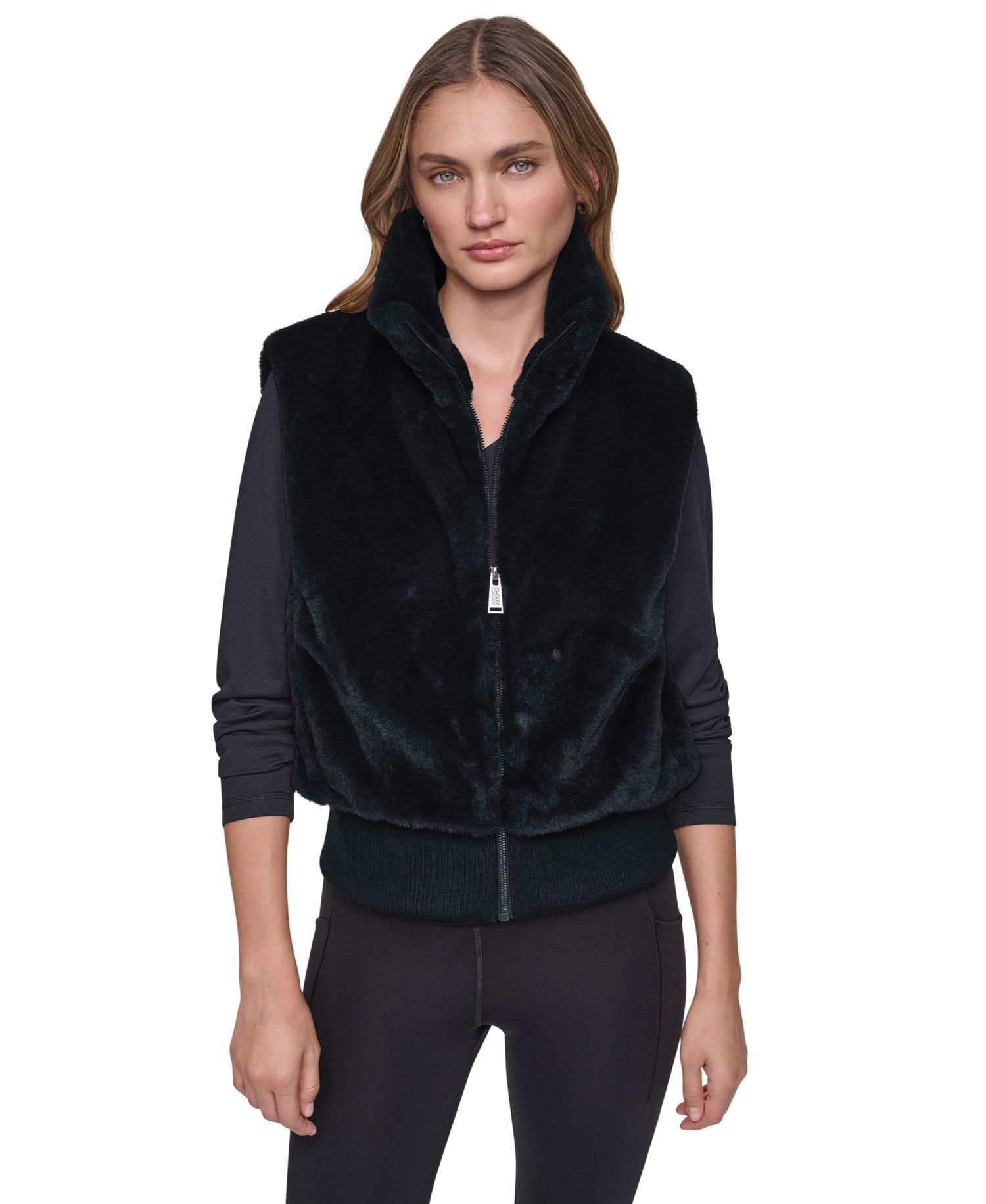 Women's Mock-Neck Ribbed-Knit Hem Faux Fur Vest