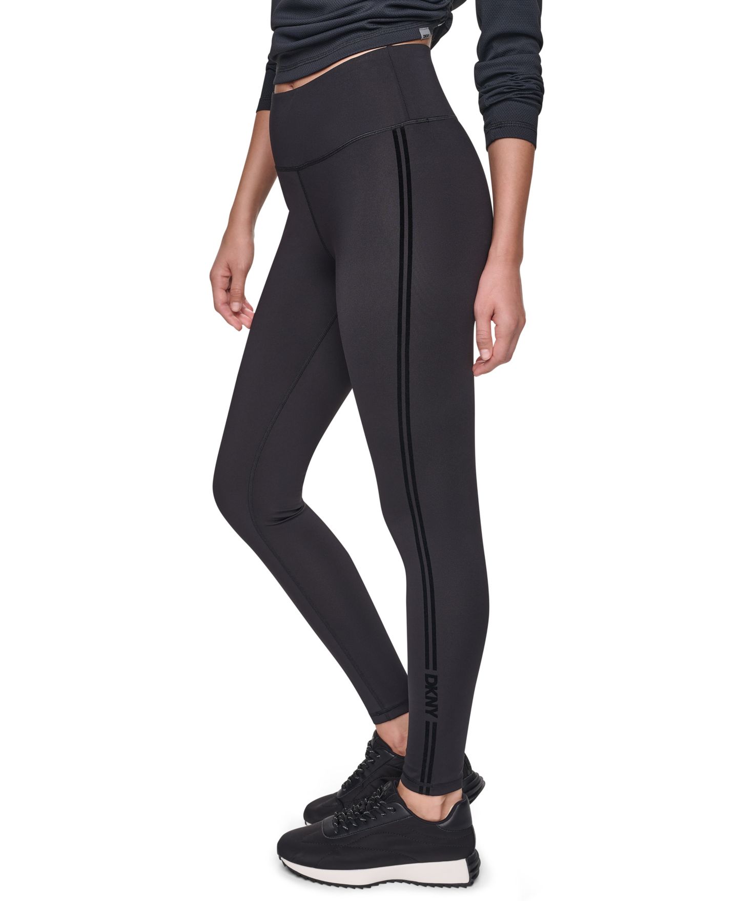 Женские леггинсы DKNY Sport 7/8 с высокой талией, флокированные с лёгким блеском, цвет: Чёрный — фото 1