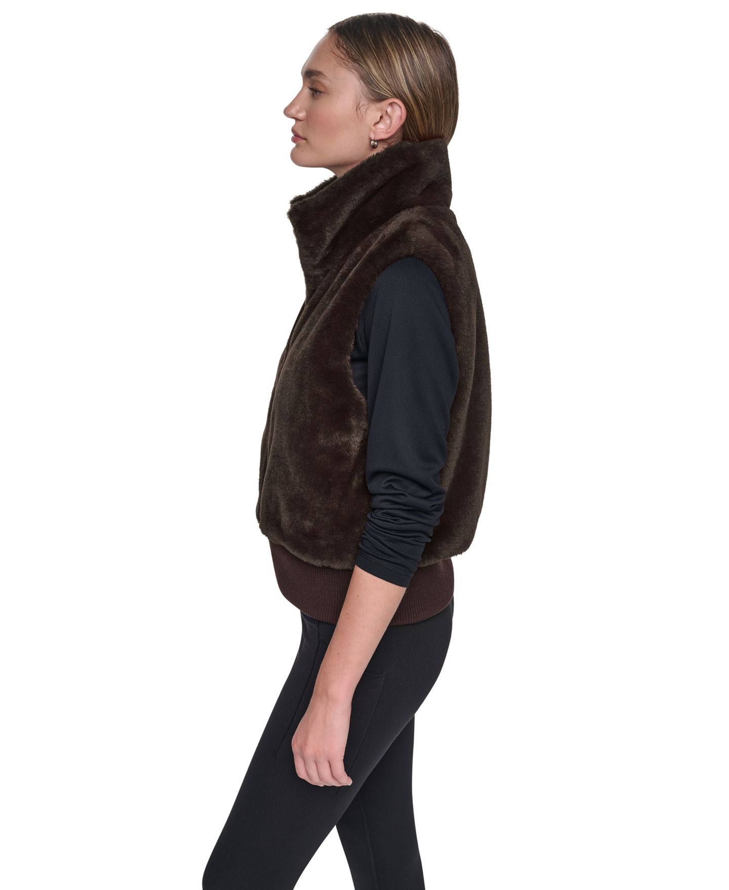 Женский жилет DKNY Sport Mock-Neck Ribbed-Knit Hem Faux Fur Vest, цвет: Чёрный — фото 19