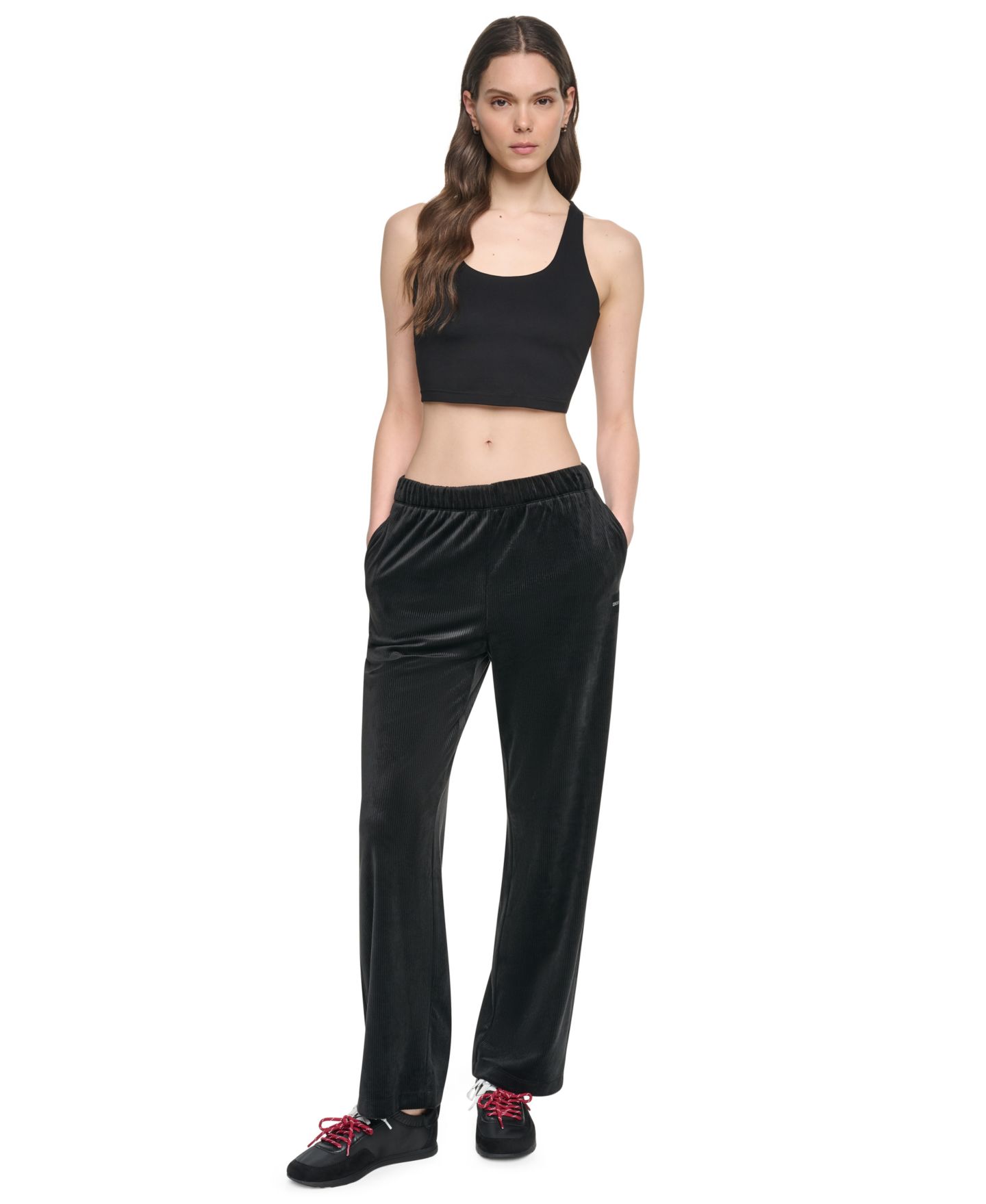 Женские брюки DKNY Sport High-Rise Ribbed Super-Soft Velour Straight Leg, цвет: Чёрный — фото 3