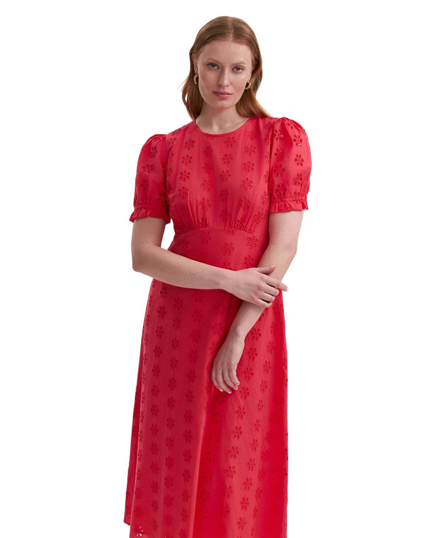 Женское платье Finery London Mela Cotton Floral-Embroidered Eyelet Empire-Waist Midi Tea, цвет: Коралловый — фото 4