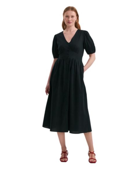 Женское платье Finery London Addison Puff-Sleeve V-Neck Midi, цвет: Чёрный