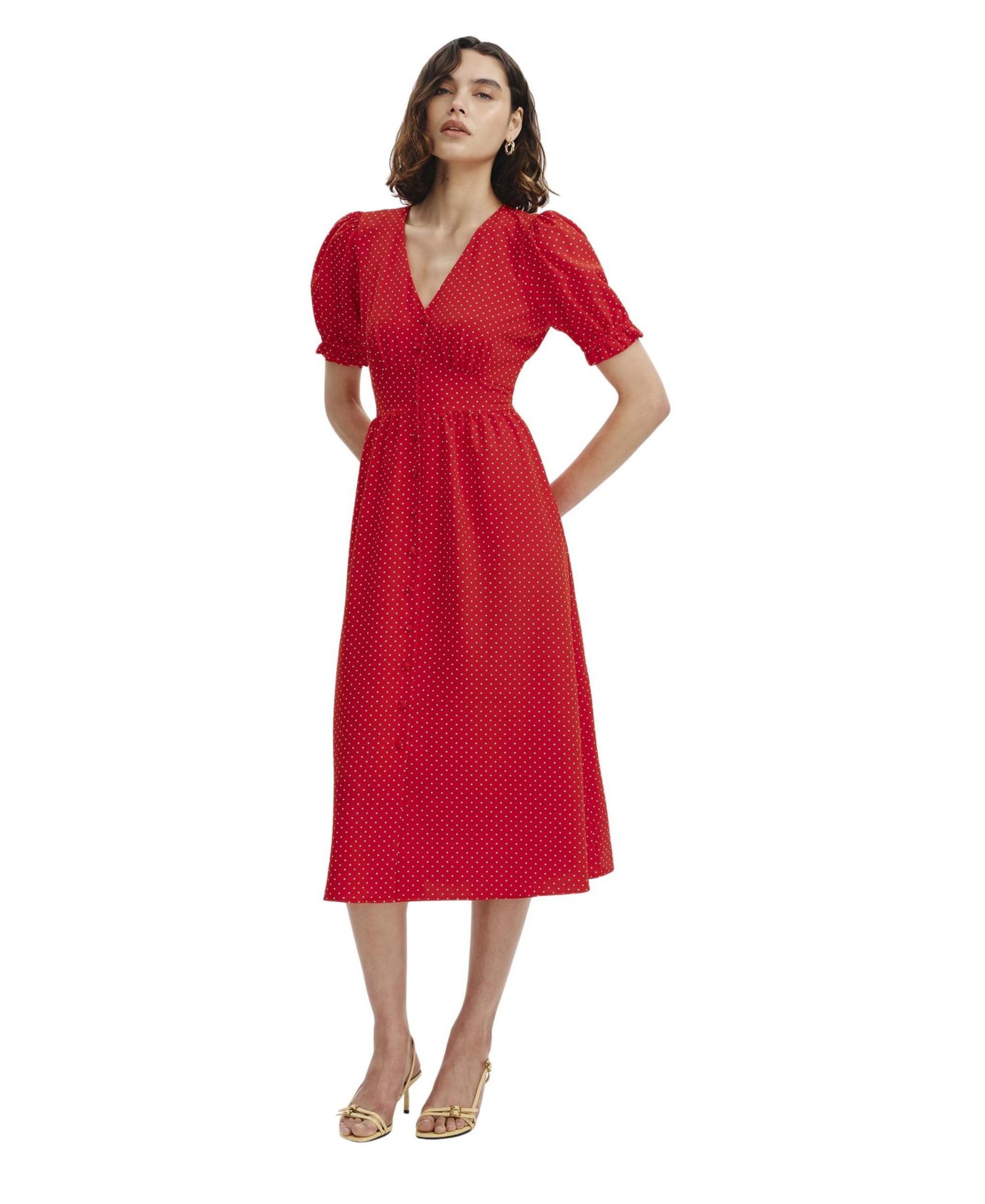 Women's Samantha Polka-Dot Short-Sleeve V-Neck Button Down Midi Dress