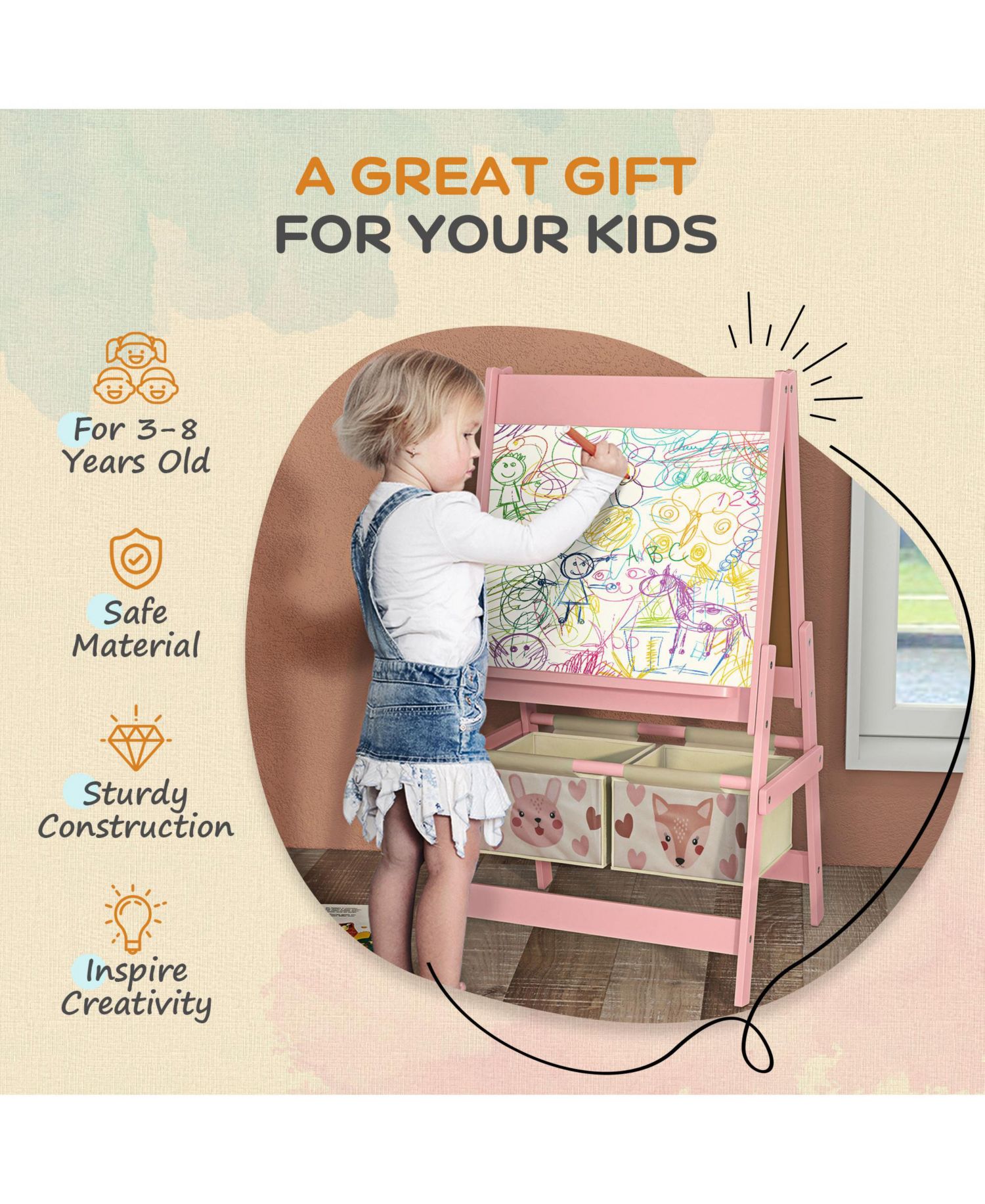 Toy Box with Lid and Kids Easel with Paper Roll, board board