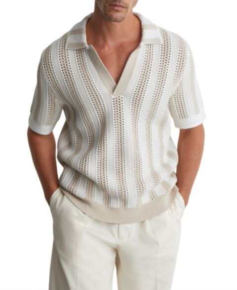 Мужское поло REISS Globe Slim-Fit Crochet-Knit Stripe Cotton-Blend Polo Shirt, цвет: Серо-бежевый / Белый