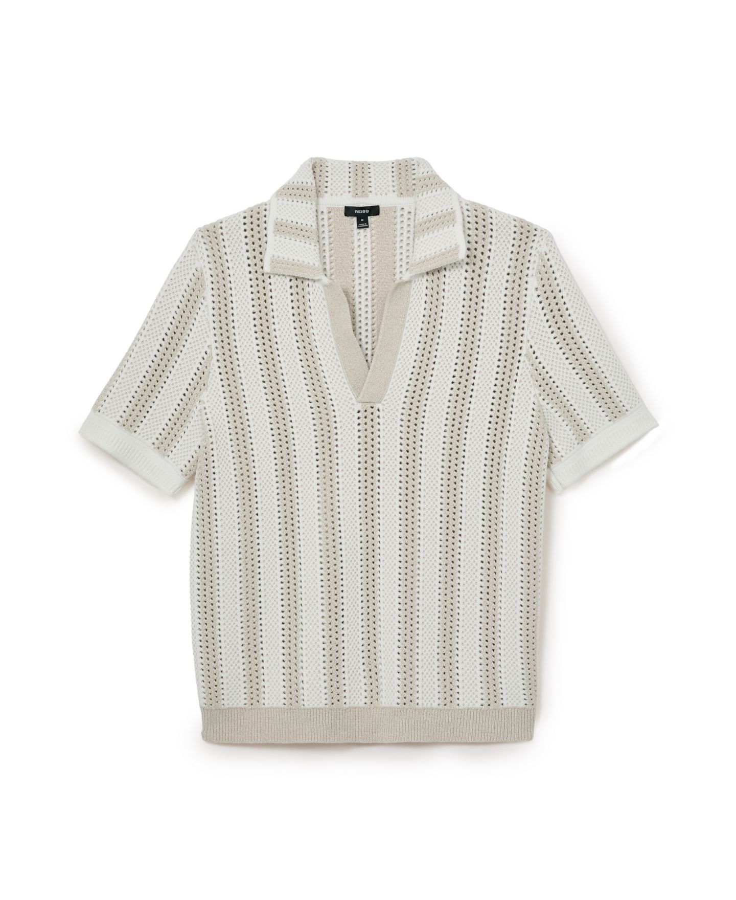 Мужское поло REISS Globe Slim-Fit Crochet-Knit Stripe Cotton-Blend Polo Shirt, цвет: Серо-бежевый / Белый — фото 4