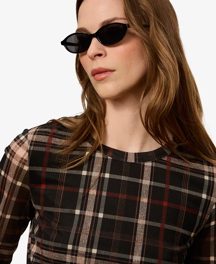 Women's Plaid Mesh 3/4 Sleeve Top - thumbnail 6