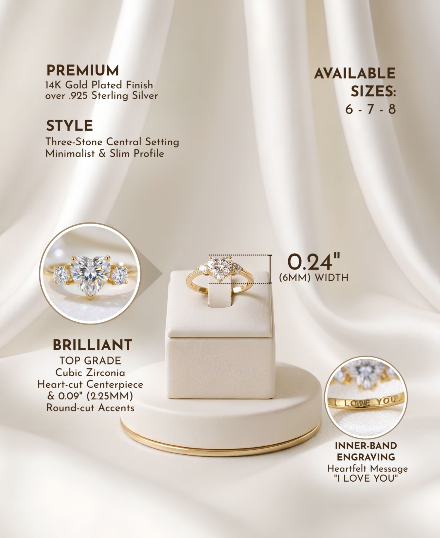Dainty Sterling Silver CZ Three-Stone "I Love You" Slim Band Ring