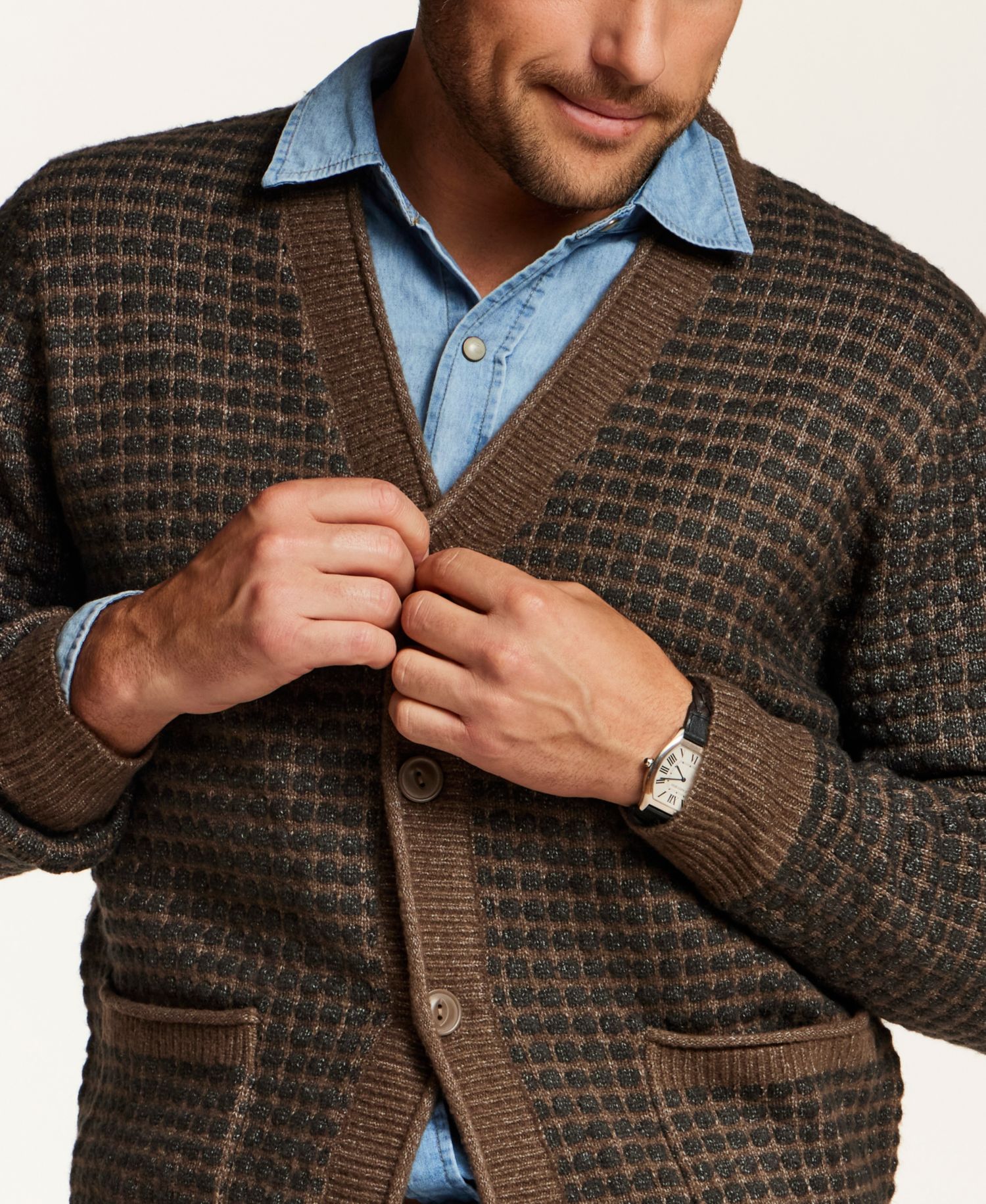 Men's Grid V-Neck Long-Sleeve Cardigan