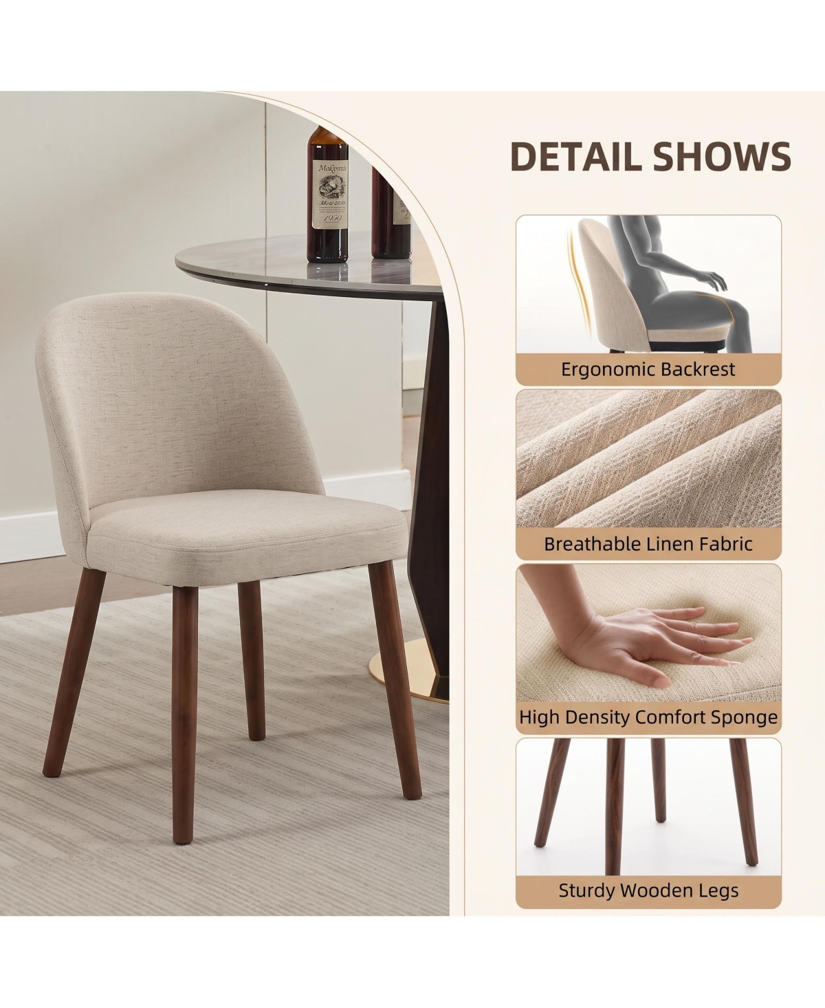 gaomon Wooden Dining Chair Set of 2 Upholstered Fabric Chair,Modern Kitchen Chairs with Curved Backrest Leveling Feet