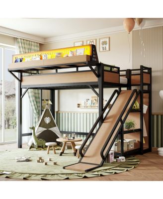 Twin XL Metal Loft Bed with Slide, Wardrobe, LED, USB and Pegboard