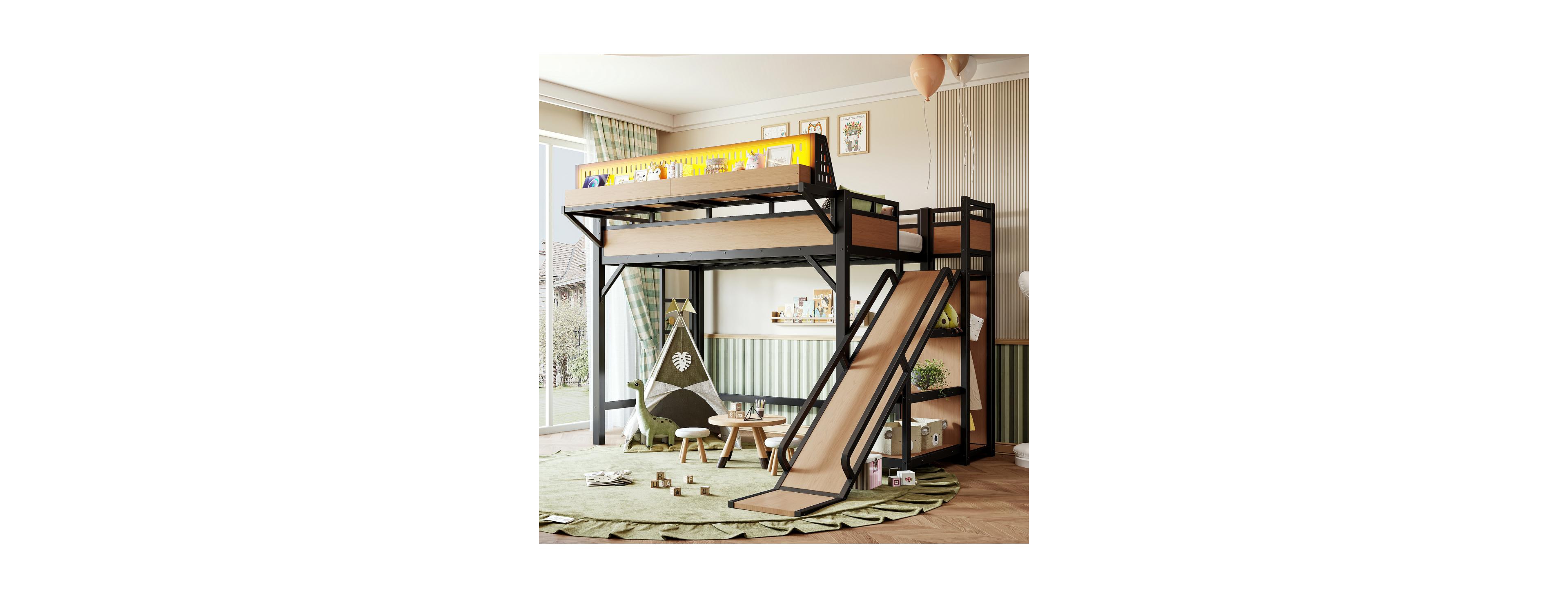 Streamdale Furniture Twin Xl Metal Loft Bed with Slide, Wardrobe, Led, Usb and Pegboard