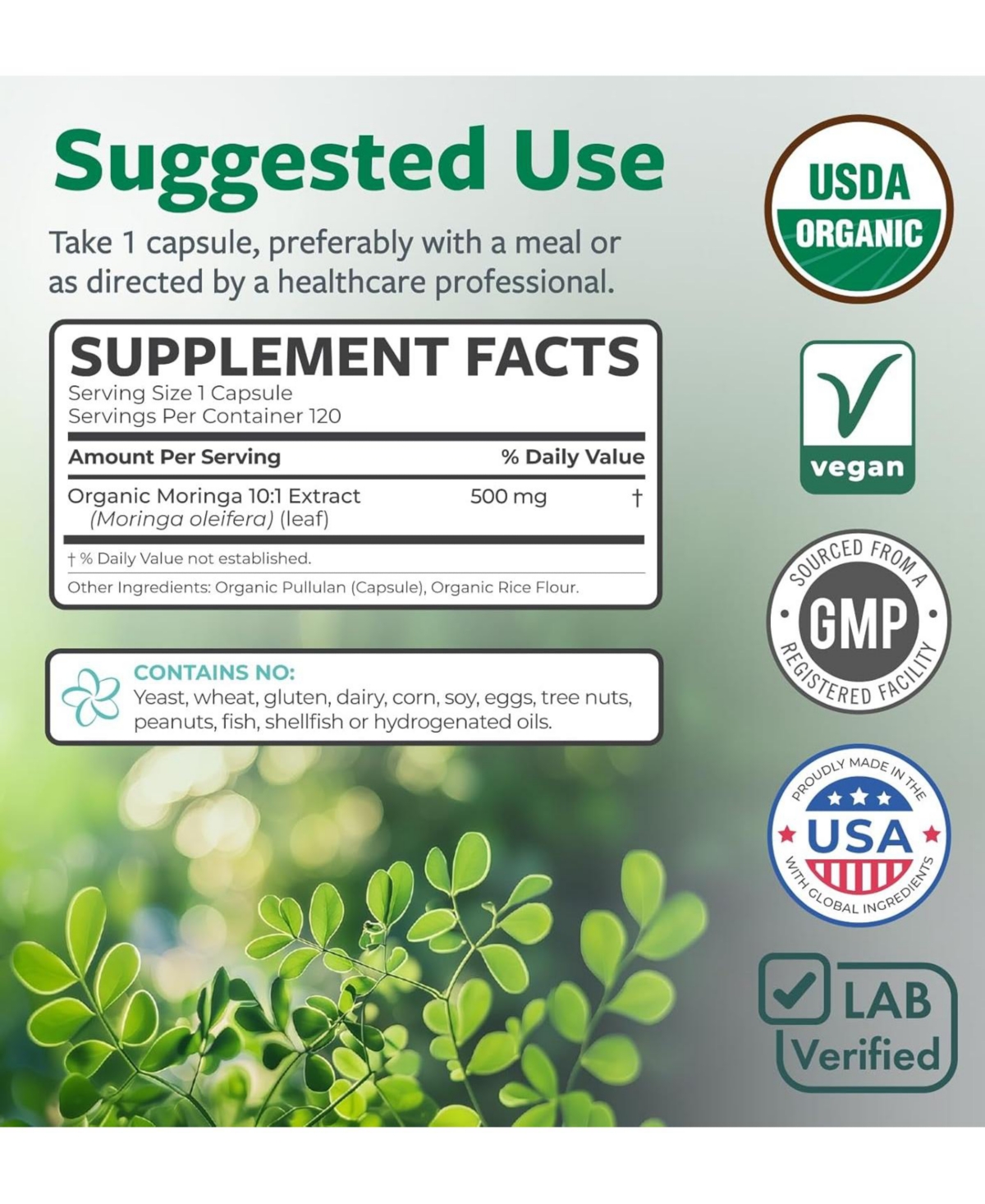 Pure Co Moringa Leaf Supplement, High Potency Moringa Leaf Extract, Non-gmo, 120 Capsules