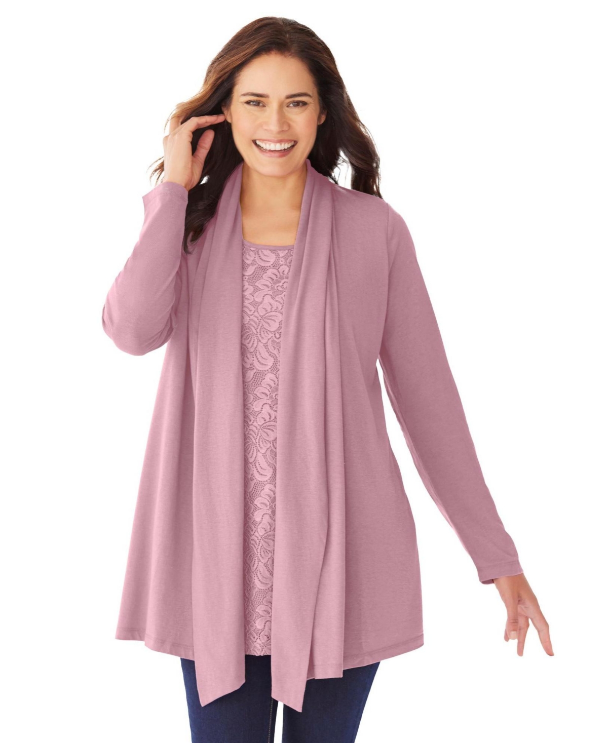 Woman Within Plus Size Within 2-Fer Cardigan & Attached Lace Tunic - Dusty pink