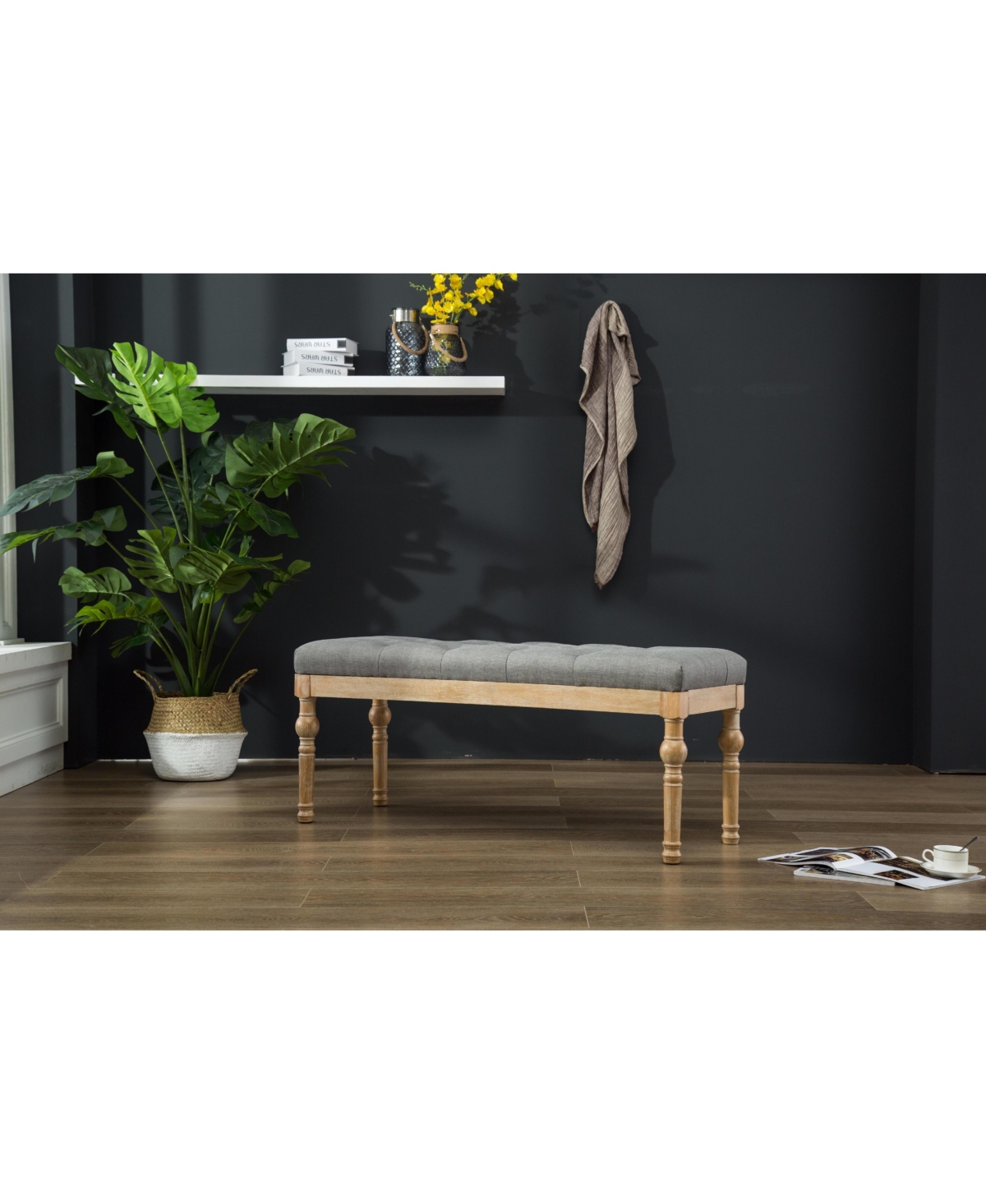 Flynama 48" Linen Tufted Dining Bench - Solid Hardwood Turned Legs for Traditional Dining