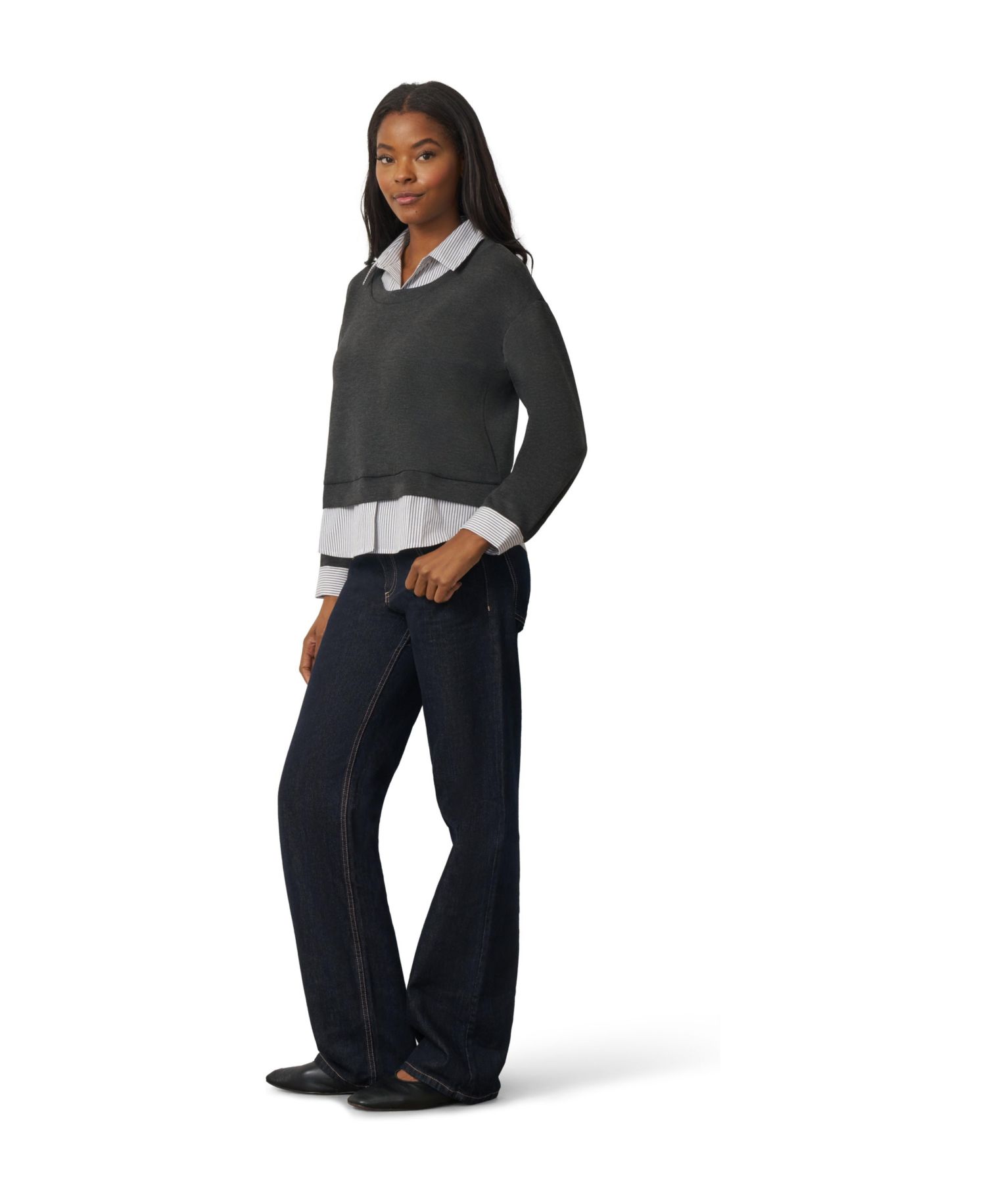 Women's Twofer Striped Poplin Collar Long-Sleeve Blouse