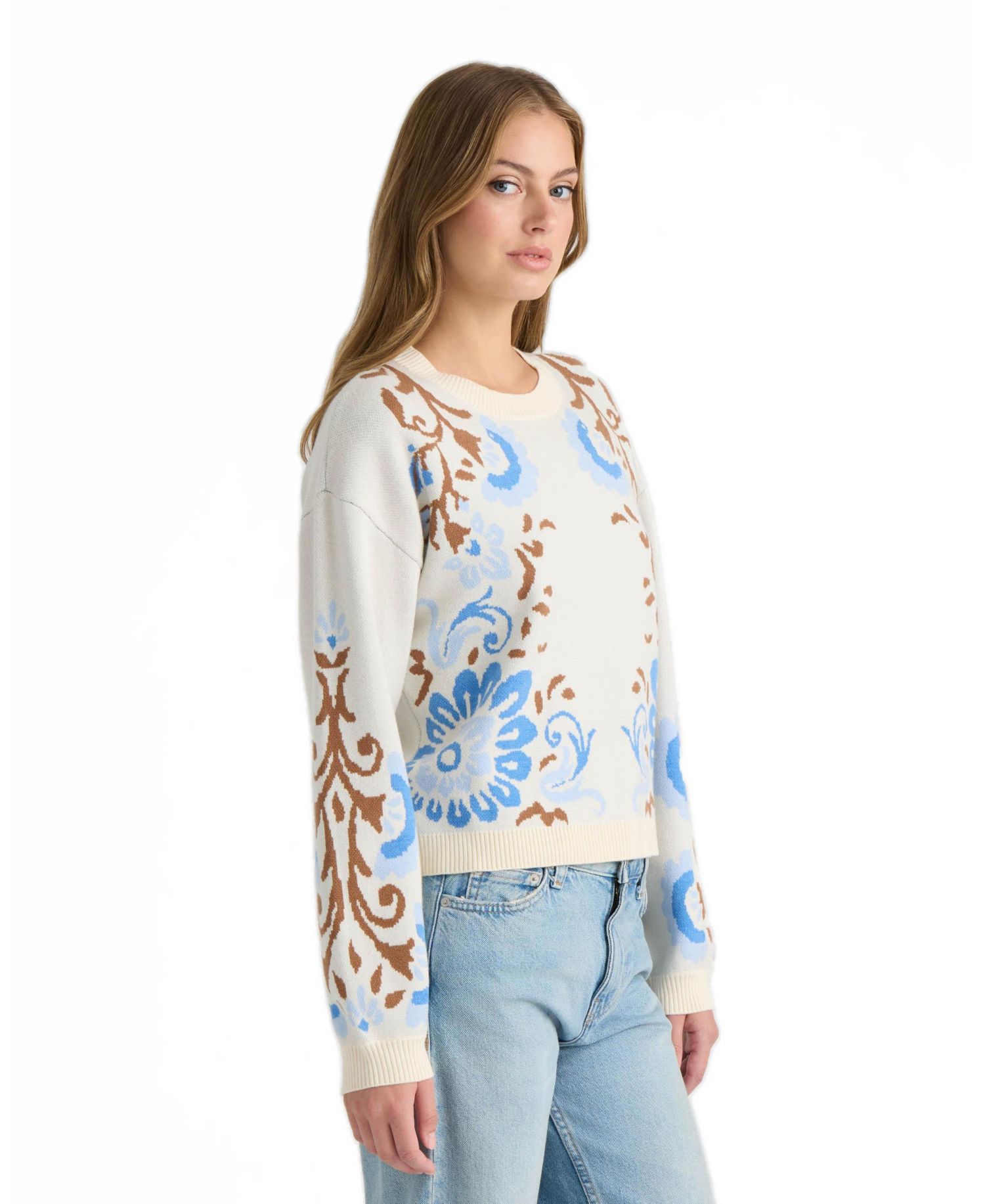 Women's Jacquard Balloon-Sleeve Crewneck Sweater