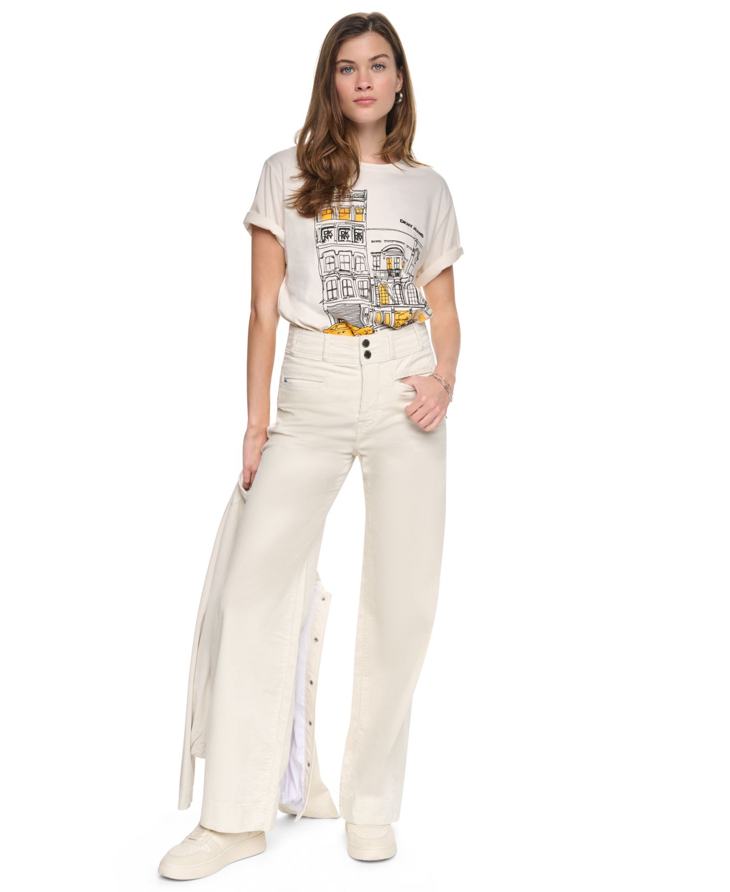 Женские брюки DKNY Jeans High-Rise Double-Button Wide-Leg Cotton-Blend, цвет: Сливочный — фото 2