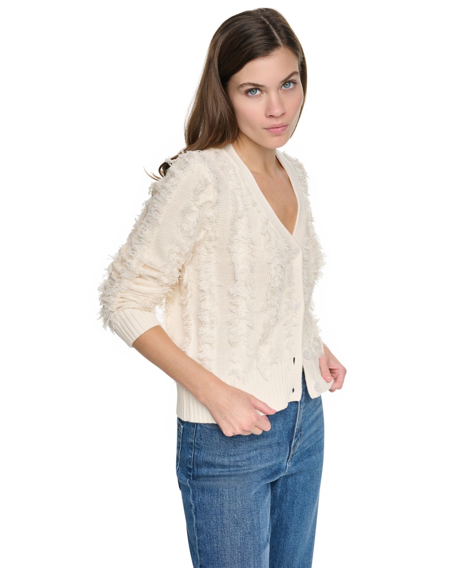 Women's Long-Sleeve V-Neck Fringe-Stitch Cardigan