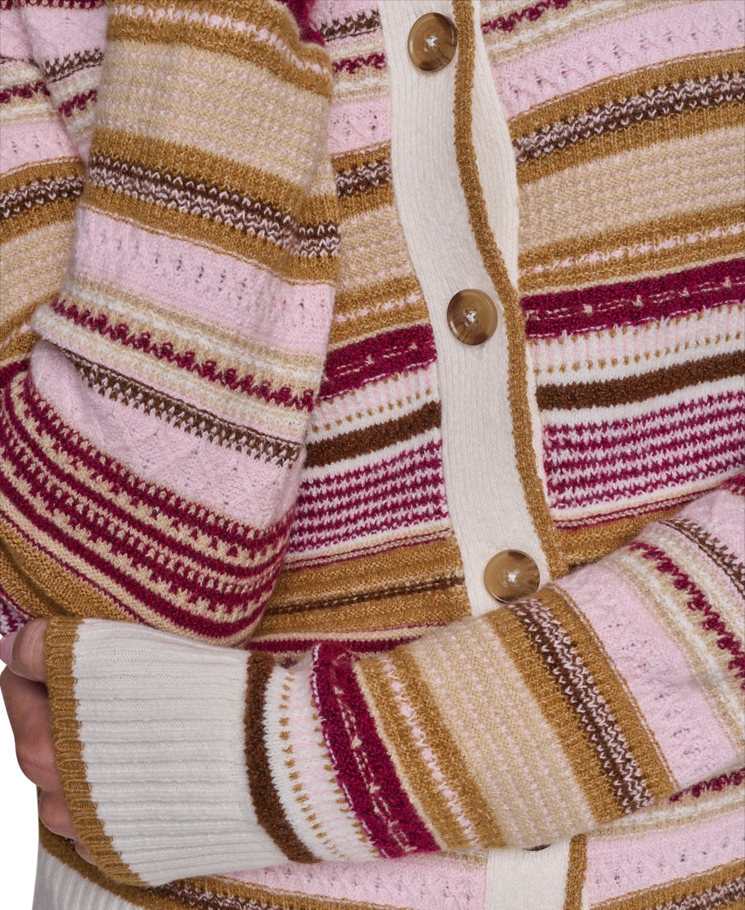Women's Textured Variegated Stripe Crewneck Fitted Cardigan