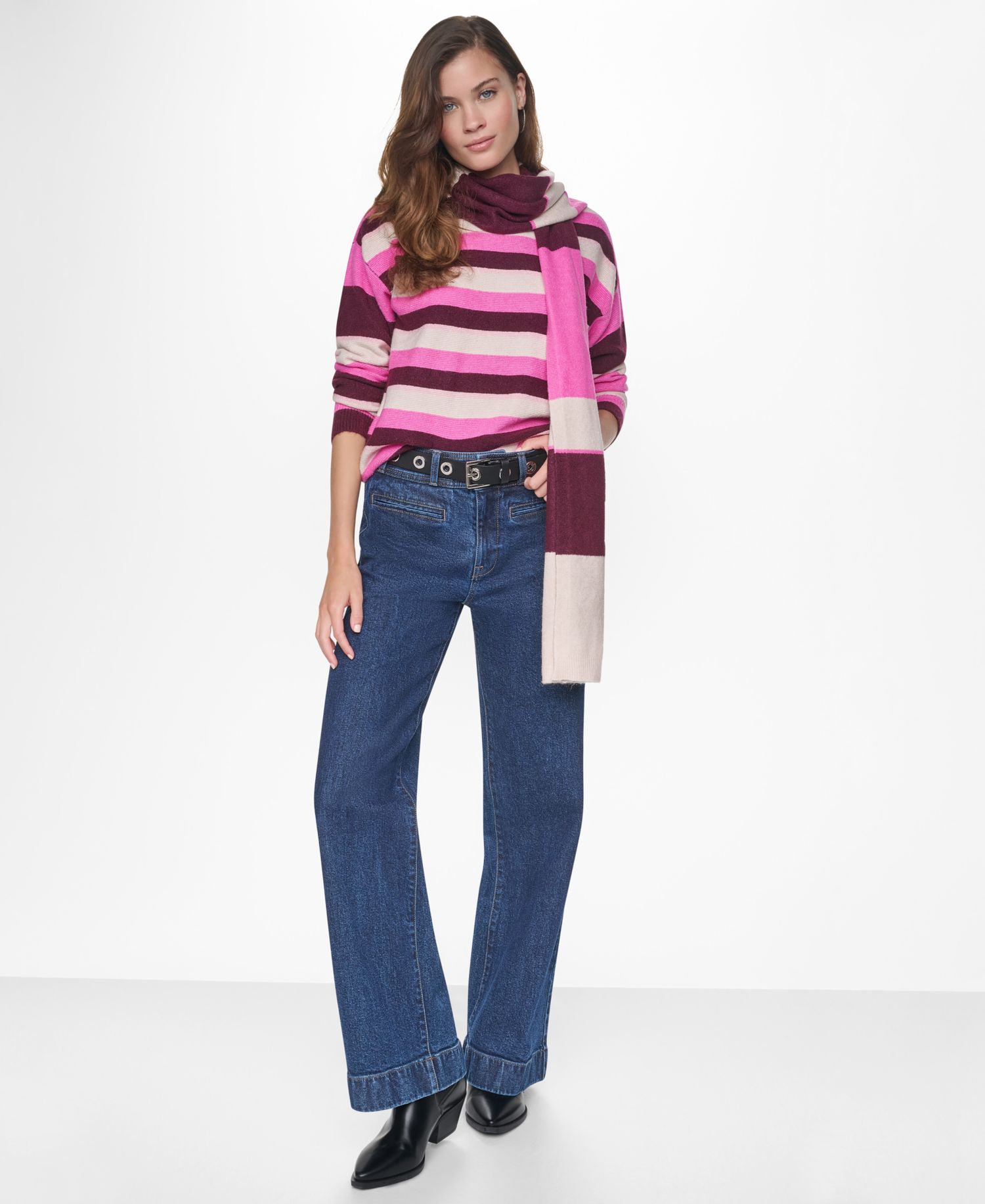 Women's Easy Striped Oversized Sweater with Scarf
