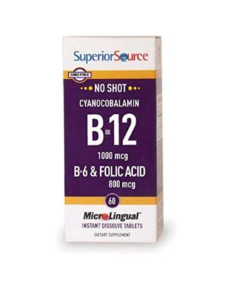 No Shot Vitamin B-12 Cyanocobalamin 1000 mcg, B-6, Folic Acid 800 mcg - 60 Sublingual Dissolving Tablets