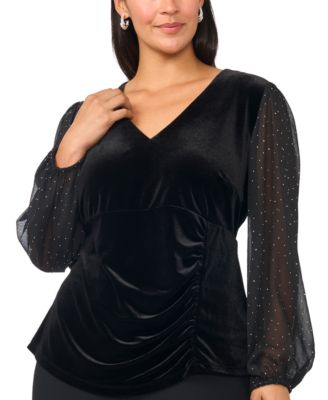 Plus Size Surplice Velvet Ruched Long-Sleeve Blouse