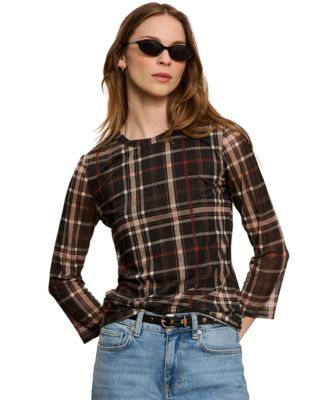 Women's Plaid Mesh 3/4 Sleeve Top