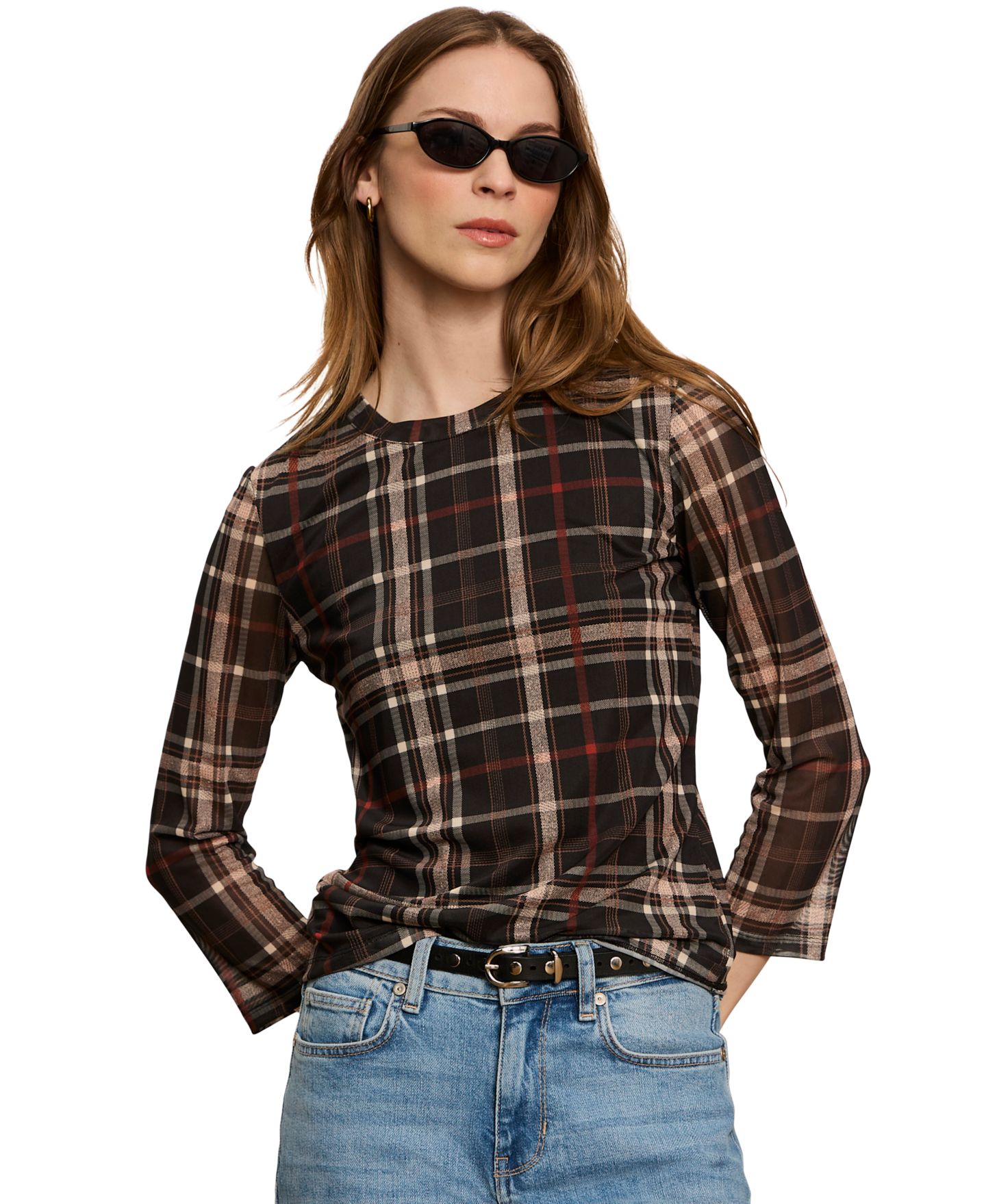 Женский топ Sanctuary Plaid Mesh 3/4 Sleeve, цвет: Клетчатый — фото 1