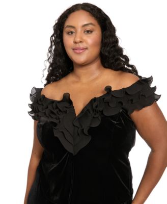 Plus Size Off-the-Shoulder Velvet Ruffle Blouse