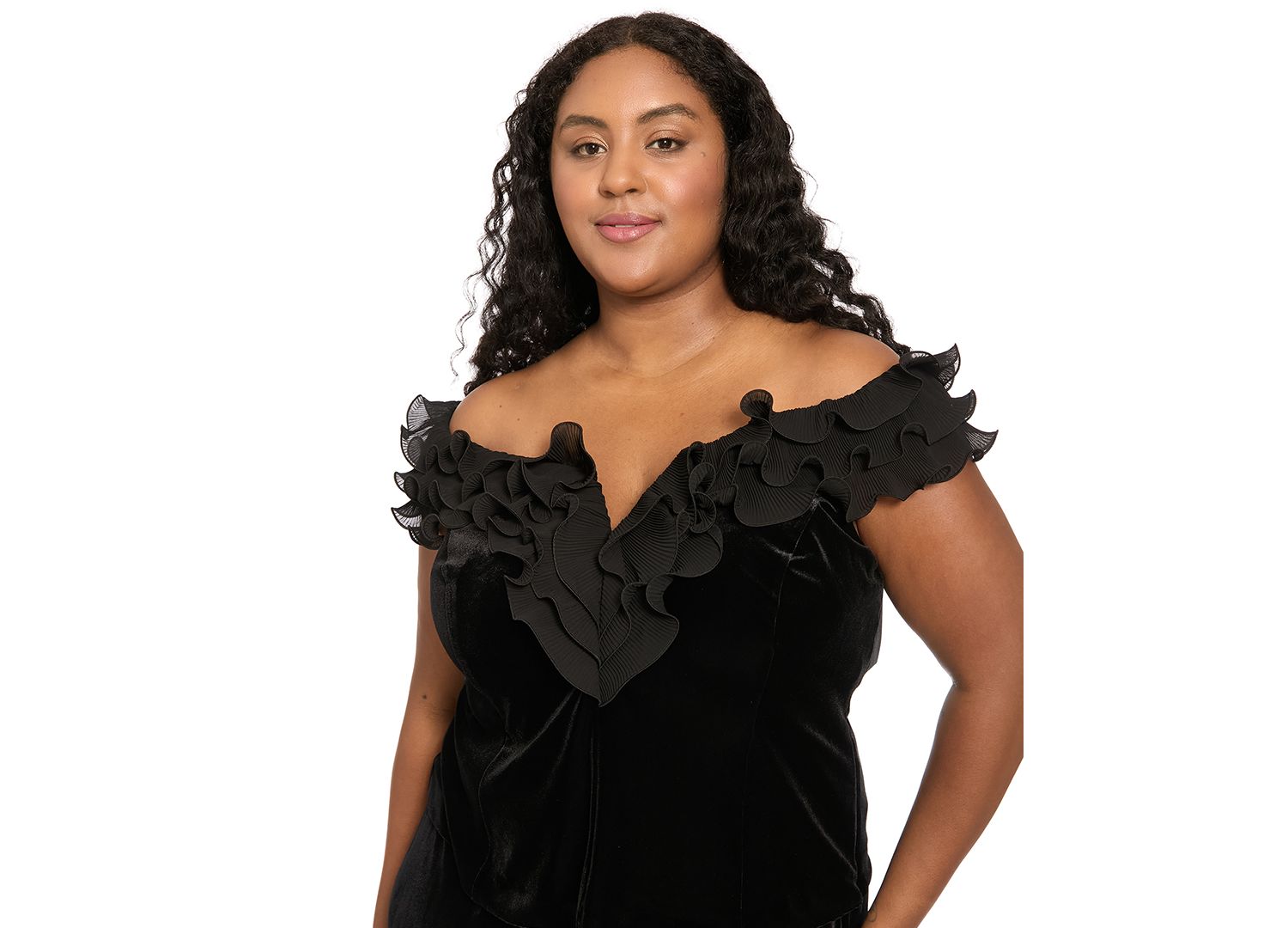 Plus Size Off-the-Shoulder Velvet Ruffle Blouse