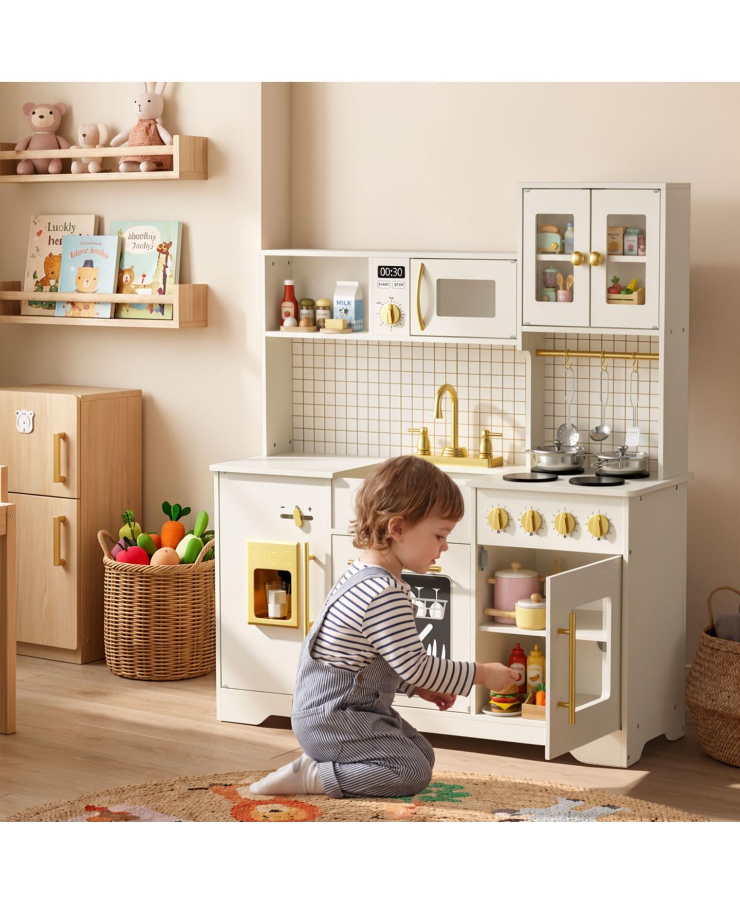Детские игрушки Kinder King Kids Play Kitchen, Wooden Toy Kitchen Playset for Toddler, Pretend Oven, Microwave, Kitchen Sets for Age 3+, цвет: Бежевый / Хаки — фото 2