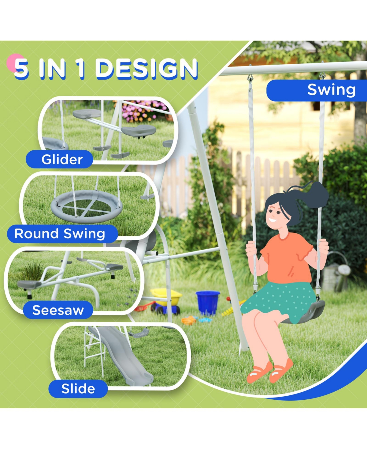 Glintex 5-in-1 Kids Swing Set with Slide, Saucer Swing and Glider