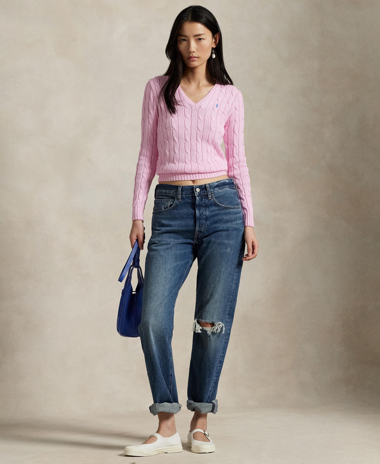 Women's Cable-Knit Cotton V-Neck Sweater