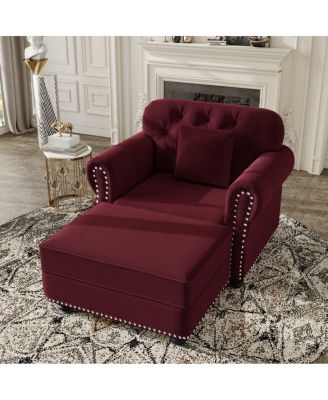 Velvet Accent Chair with Ottoman, Tufted Nailhead Rolled Arms, Pillow