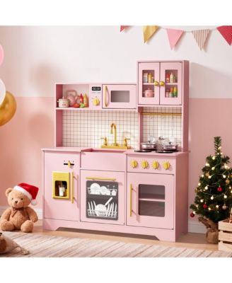 Kids Play Kitchen, Wooden Toy Kitchen Playset for Toddler, Pretend Oven, Microwave, Kitchen Sets for Age 3+