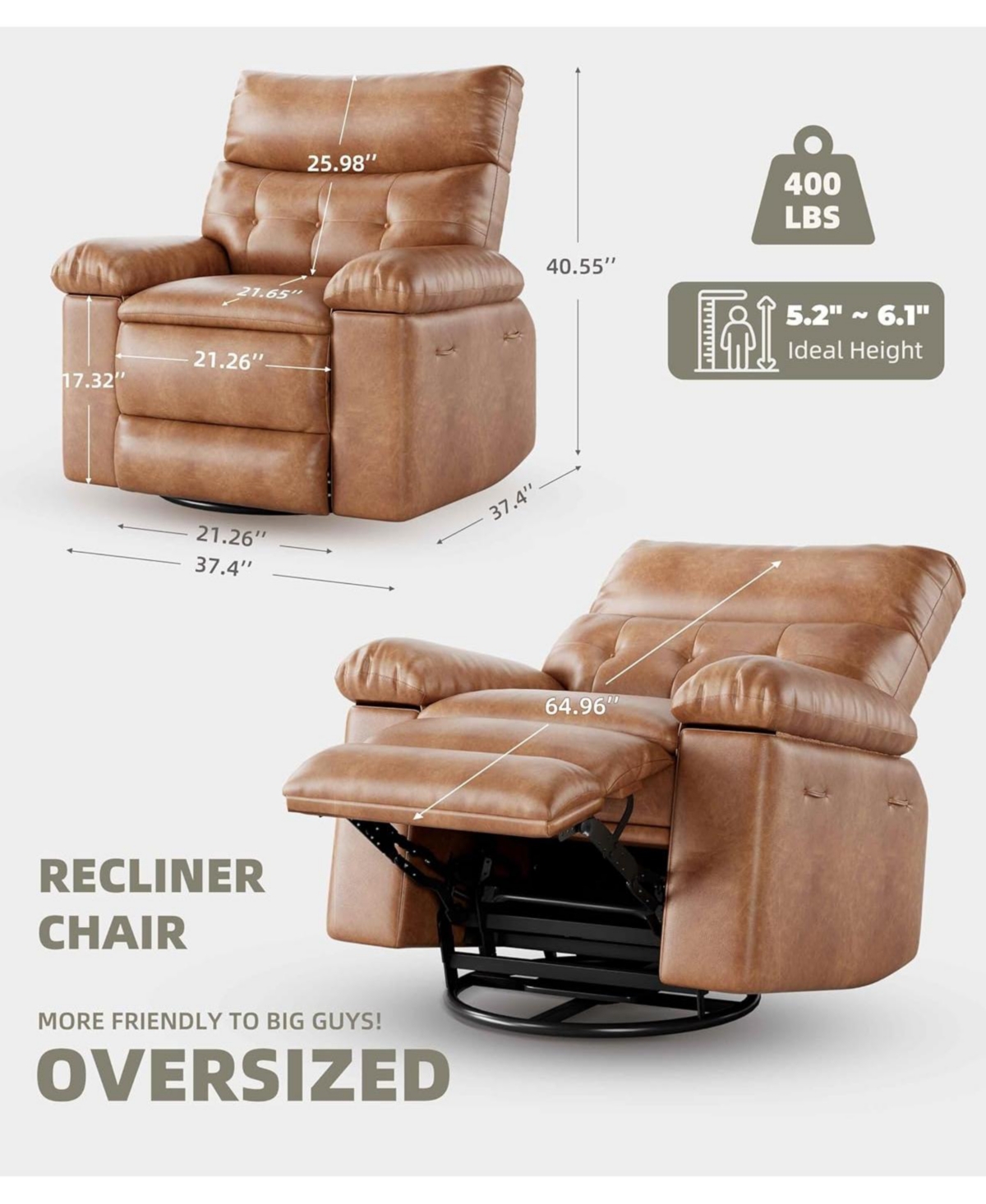 gaomon Swivel Rocker Manual Recliner Sofa Chair, Heat and Massage for Living Room