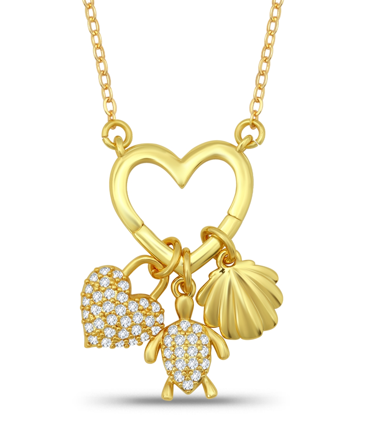 Macy's 14k Gold-Plated Over Brass Heart Shaped Charm Holder with Heart, Turtle and Clamshell Charm Necklaces