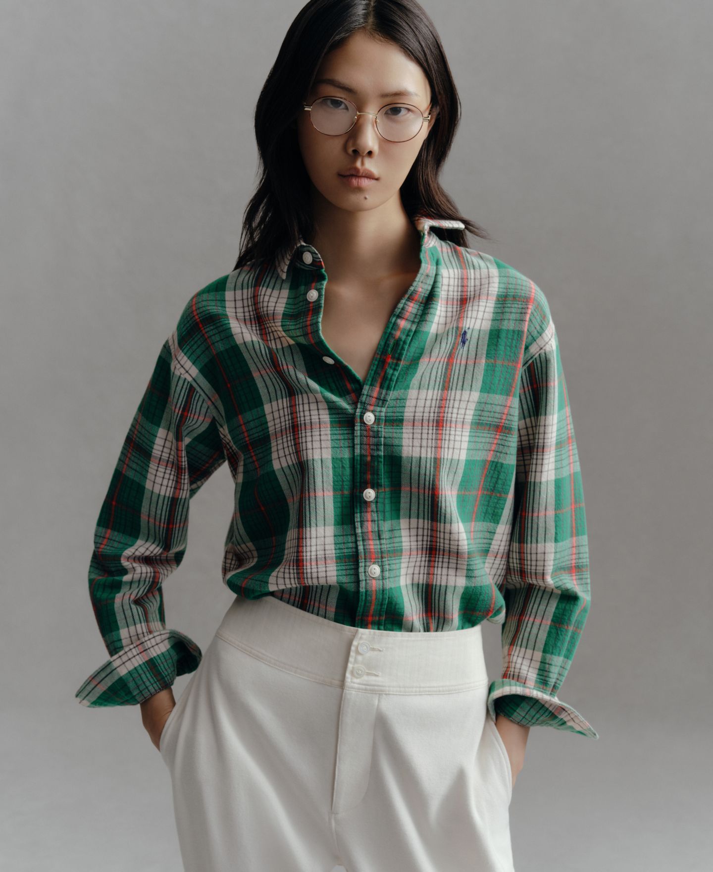 Женская рубашка Polo Ralph Lauren Cotton Twill Woven Collared, цвет: Зелёный кремовый разноцветный — фото 2