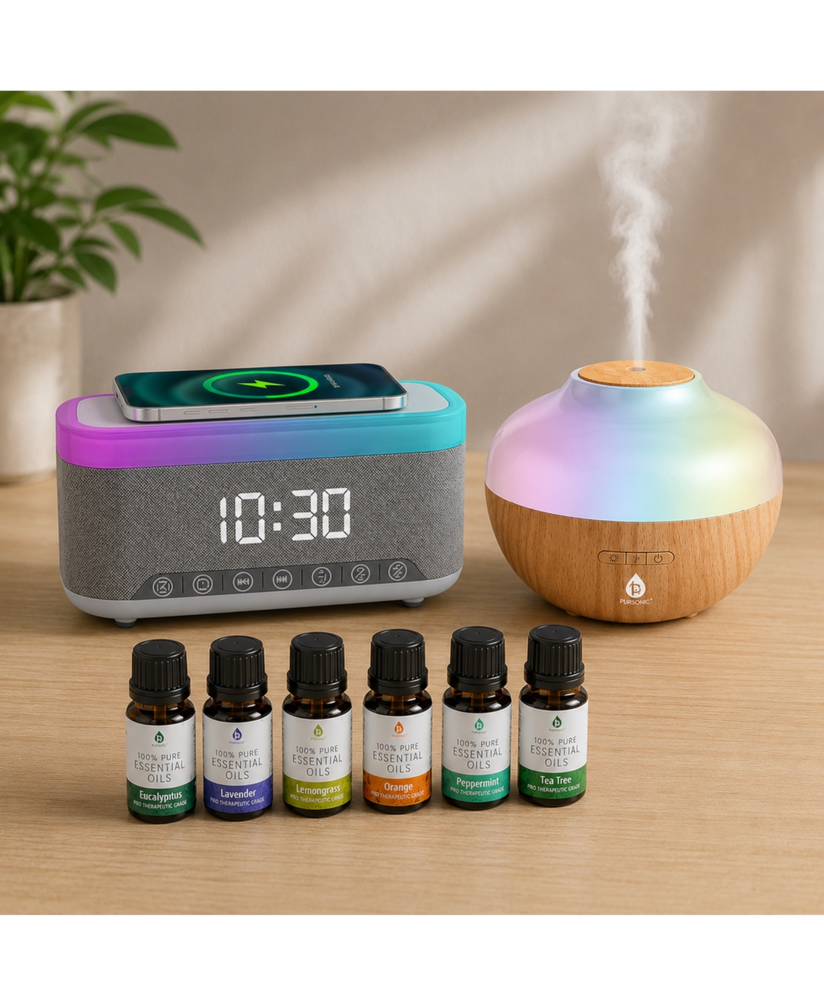 Pursonic Ultimate Relax & Recharge Set – Alarm Clock Wireless Charger Radio + Aromatherapy Diffuser & 6 Oils