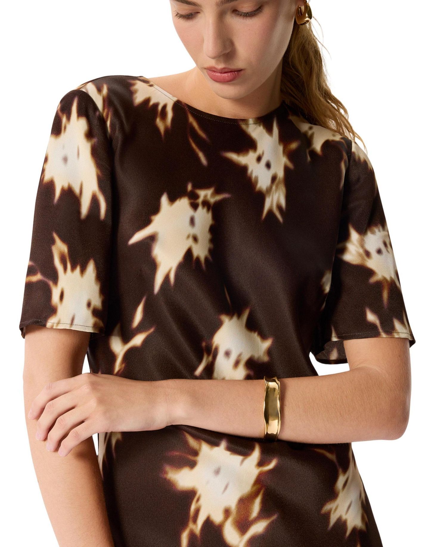 Women's Shadow Floral Satin Short-Sleeve Midi Dress