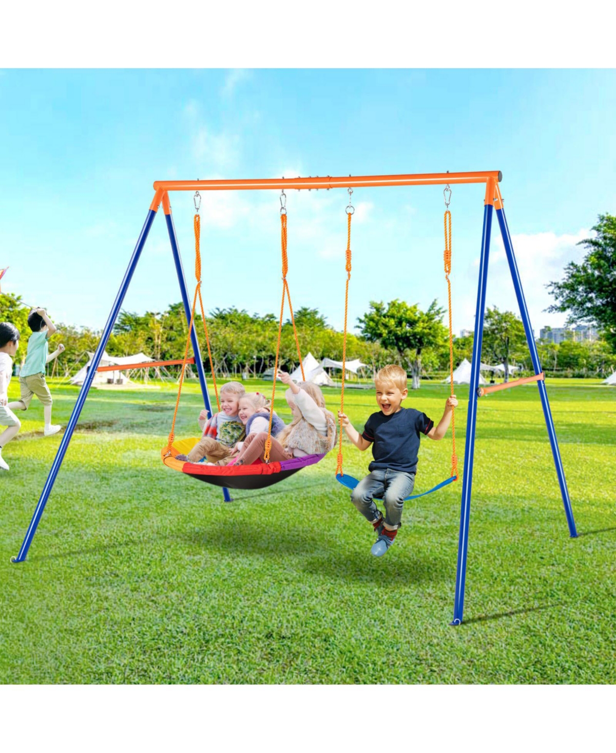 Slickblue A-Frame Swing Set with Saucer Swing & Belt Swing, Adjustable Ropes, Fits 3 Kids, Ages 3+