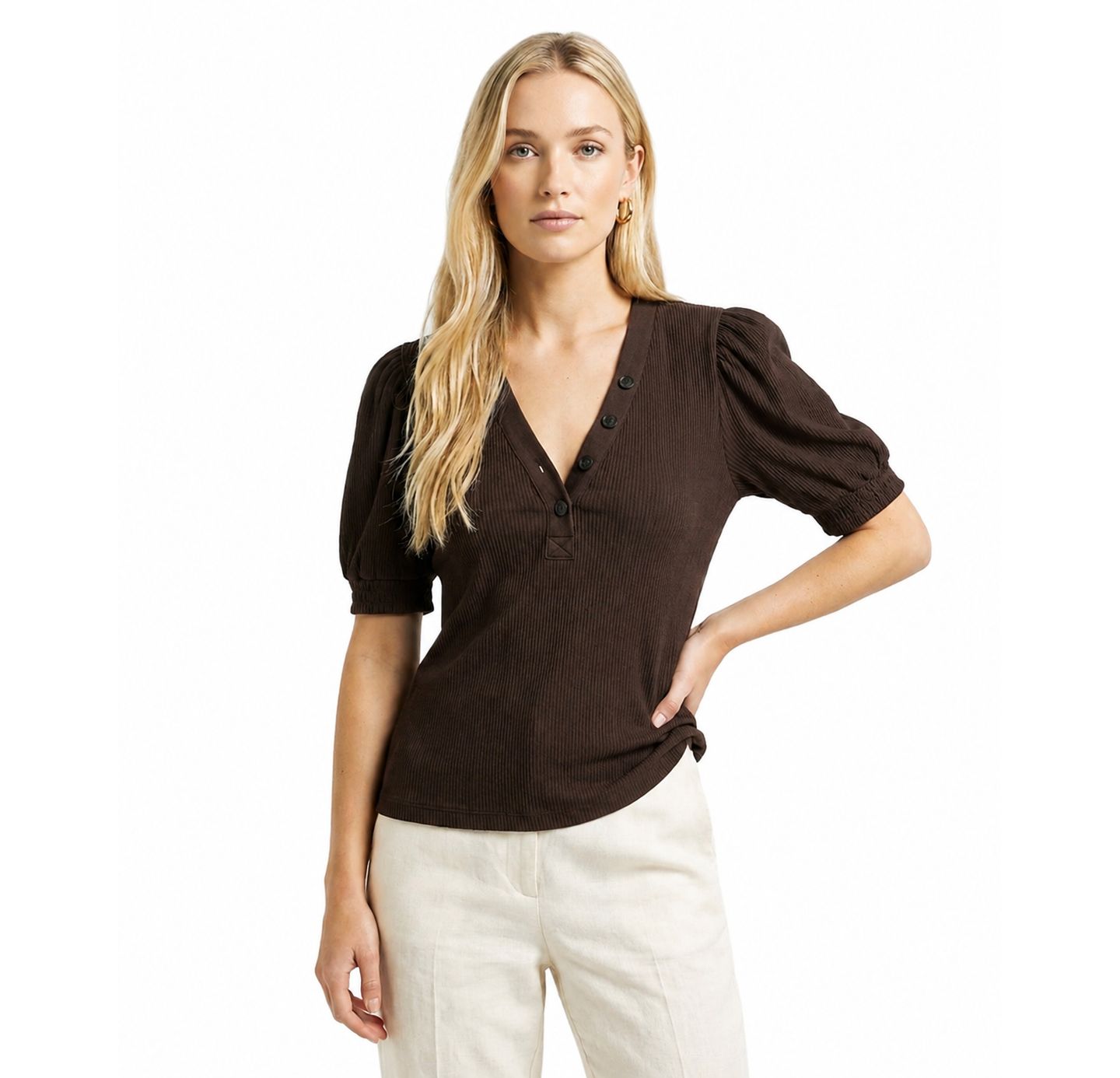 Женский топ Jason Wu V-Neck Puff Sleeve, цвет: Мокко коричневый — фото 1