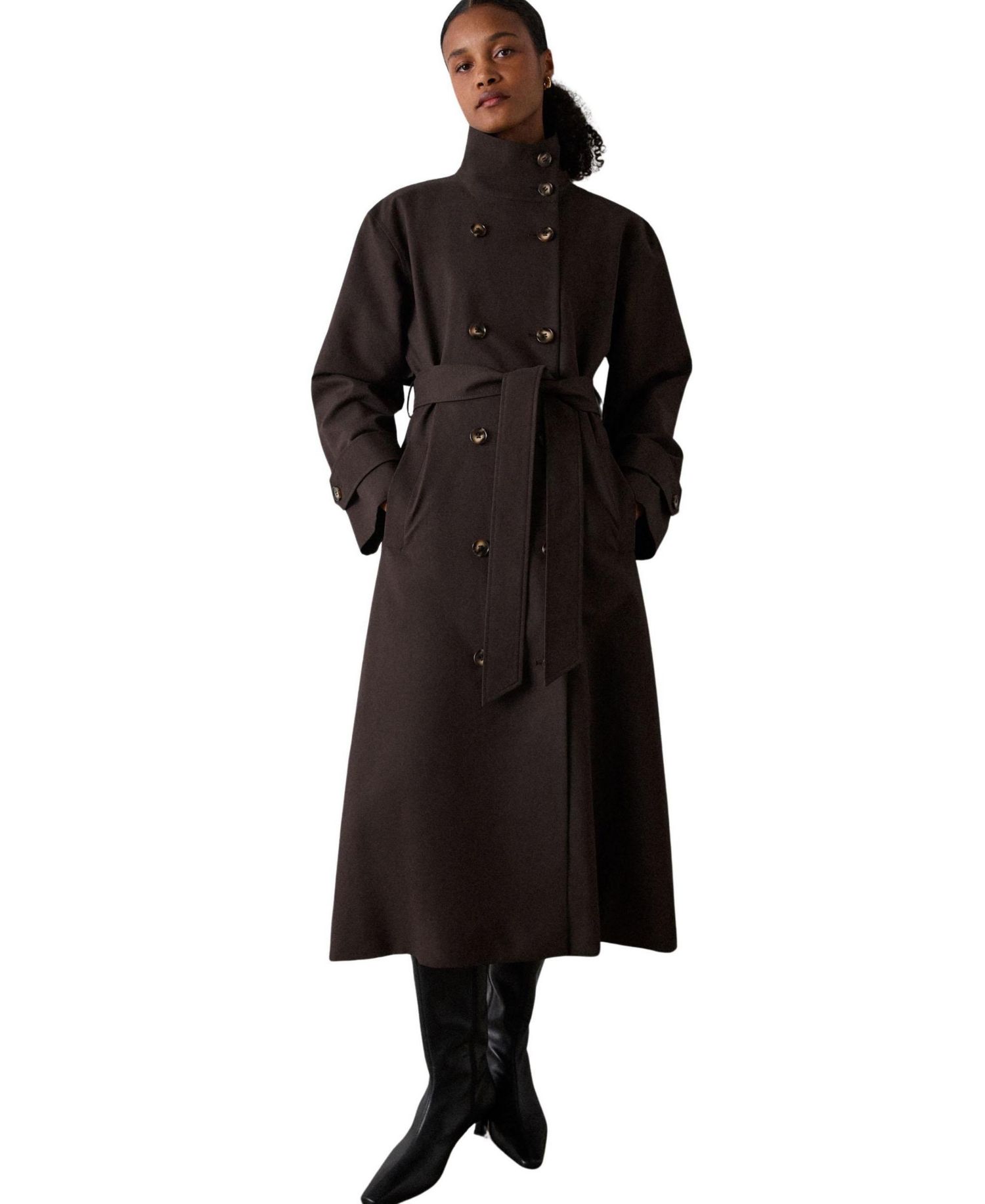 Women's Double-Breasted Funnel-Neck Trench Coat