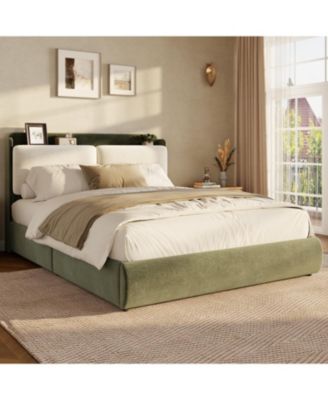 Full Upholstered Bed Frame with Shelf and Drawers-  Chenille Platform Bed with Built in Headboard Shelf for Phone Books