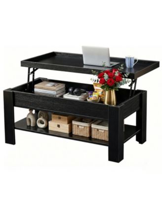 Coffee Table with Hidden Storage, Modern Wood Center Table with Large Compartment and Shelf, Rising Desktop Dining Table for Living Room